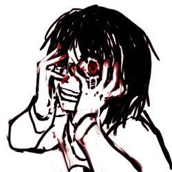 Rule 34 | 1boy, blood, crazy eyes, dripping, hands on own face, looking at viewer, lowres, male focus, monochrome, nagatsuki (yume wo), nickel (godfarher), red eyes, simple background, sketch, solo, spot color, tears, yume wo