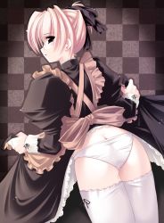Rule 34 | blonde hair, checkered background, clothes lift, cowboy shot, dress, dress lift, highres, jian, looking back, maid, panties, solo, standing, thighhighs, underwear, white panties, white thighhighs