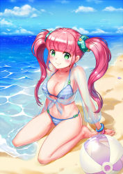 Rule 34 | 1girl, arm support, ball, barefoot, beach, bikini, blush, bracelet, breasts, cleavage, cloud, day, green eyes, hair ornament, hair scrunchie, highres, jewelry, large breasts, long hair, navel, ocean, original, outdoors, pink hair, polka dot, scrunchie, see-through, sitting, sky, smile, solo, striped bikini, striped clothes, swimsuit, twintails, wariza, water