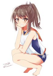Rule 34 | 1girl, bare shoulders, barefoot, blush, brown eyes, brown hair, full body, hair ornament, highres, hizaka, i-401 (kancolle), kantai collection, looking at viewer, one-hour drawing challenge, one-piece swimsuit, orange sailor collar, ponytail, sailor collar, school swimsuit, school uniform, serafuku, shirt, short hair, short ponytail, side-tie shirt, simple background, sleeveless, sleeveless shirt, smile, solo, swimsuit, swimsuit under clothes, teeth, twitter username, white background