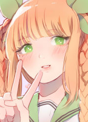 Rule 34 | 1girl, blush, braid, commentary, english commentary, green eyes, green sailor collar, highres, k1ruse, looking at viewer, orange hair, original, sailor collar, simple background, solo, v