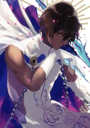 Rule 34 | 1boy, arjuna (fate), arrow (projectile), backlighting, bare shoulders, blurry, bow (weapon), brown eyes, brown hair, cloak, closed mouth, commentary request, dark-skinned male, dark skin, depth of field, drawing bow, earrings, elbow gloves, expressionless, eyes visible through hair, fate/grand order, fate (series), gloves, gold trim, hair over one eye, hand up, head rest, holding, holding arrow, holding bow (weapon), holding weapon, indian clothes, jewelry, looking at viewer, male focus, muscular, pelvic curtain, shirt, signature, sleeveless, sleeveless shirt, solo, swept bangs, turtleneck, wavy hair, weapon, white cloak, white gloves, white shirt