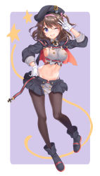 Rule 34 | 1girl, ;d, arm up, azur lane, bad id, bad pixiv id, beret, black footwear, black hat, black sailor collar, black skirt, boots, bow, breasts, brown hair, brown pantyhose, commentary request, cross, full body, gloves, grey shirt, hair between eyes, hair ribbon, hat, head tilt, highres, iron cross, long hair, long sleeves, looking at viewer, medium breasts, midriff, navel, one eye closed, open mouth, pantyhose, pink bow, pleated skirt, purple background, purple eyes, ribbon, sailor collar, shiosoda, shirt, sideboob, skirt, sleeveless, sleeveless shirt, smile, solo, star (symbol), two-tone background, v, white background, white gloves, z35 (azur lane)