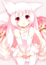 Rule 34 | 10s, 1girl, :&lt;, androgynous, animal ears, bare shoulders, blush, detached sleeves, dress, ech, kyubey, long hair, looking up, mahou shoujo madoka magica, mahou shoujo madoka magica (anime), personification, pink eyes, red eyes, sitting, solo, staring, thighhighs, v arms, wariza, white hair, white thighhighs, zettai ryouiki
