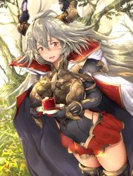 Rule 34 | 1girl, black thighhighs, blush, boots, bracer, breasts, cake, cape, cowboy shot, day, draph, dutch angle, elbow gloves, embarrassed, food, gloves, granblue fantasy, grey hair, hair between eyes, highres, horns, huge breasts, light rays, long hair, looking away, open mouth, outdoors, pekoneko, plate, red eyes, skirt, solo, sunbeam, sunlight, thigh boots, thighhighs, threo (granblue fantasy), tree, valentine, very long hair, wavy mouth, wrist guards