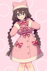 Rule 34 | 1girl, black hair, blush, braid, breasts, brown eyes, buttons, dress, eyebrows, glasses, gloves, hat, large breasts, looking at viewer, open mouth, pastel memories, pink background, pink dress, pink gloves, pink hat, ribbon, sakaki ayaka, shiny skin, simple background, smile, solo, stroma, twin braids, twintails