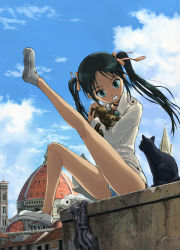 Rule 34 | 1girl, animal, aqua eyes, black cat, black hair, blue panties, blue sky, building, cat, choker, church, climbing, cloud, day, eye contact, francesca lucchini, green hair, grin, hair ribbon, high collar, holding, holding animal, italy, kneepits, leg up, legs, loafers, long hair, looking at another, looking down, lying, military, military uniform, outdoors, panties, pantyshot, parted bangs, ribbon, rooftop, ryuuko rin, shoes, sitting, sky, sleeping, smile, strike witches, striped clothes, striped panties, teeth, twintails, underwear, uniform, white cat, white panties, world witches series