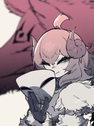 Rule 34 | 1girl, ahoge, closed mouth, curled horns, closed eyes, fur trim, gloves, highres, holding, holding mask, horns, kindred (league of legends), lamb (league of legends), limited palette, looking at viewer, mask, official alternate costume, red theme, smile, solo, spirit blossom kindred, ssambatea, wolf, wolf (league of legends)