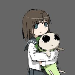 Rule 34 | 1girl, blue eyes, brown hair, character request, closed mouth, copyright request, cowboy shot, grey background, grey sailor collar, grey skirt, highres, holding, holding stuffed toy, long sleeves, looking at viewer, sailor collar, school uniform, serafuku, shirt, short hair, simple background, sketch, skirt, solo, standing, stuffed toy, tsukumizu yuu, white shirt