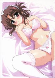 Rule 34 | 00s, 1girl, bed, blush, bow, bow panties, bra, breasts squeezed together, breast suppress, breasts, brown hair, cleavage, covered erect nipples, folded ponytail, hairband, hayate no gotoku!, large breasts, lingerie, lying, maid, maria (hayate no gotoku!), navel, panties, red eyes, see-through, shaa, short hair, solo, stomach, sweat, thighhighs, underwear, underwear only