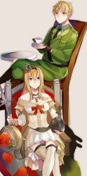 Rule 34 | 10s, 1boy, 1girl, axis powers hetalia, bad id, bad pixiv id, blonde hair, blue eyes, crossover, crown, cup, dress, green eyes, highres, kantai collection, masakenme, military, military uniform, scepter, sitting, teacup, uniform, united kingdom (hetalia), warspite (kancolle)
