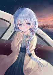 Rule 34 | 1girl, black skirt, blue eyes, blush, boat, braid, brown coat, coat, collarbone, commentary request, grey hair, hair between eyes, hair over shoulder, hand up, high-waist skirt, lala tramont, long sleeves, looking at viewer, open clothes, open coat, original, outdoors, parted lips, pleated skirt, shirt, single braid, skirt, sky, skyline, sleeves past wrists, solo, star (sky), starry sky, sunrise, watercraft, yuuki rika