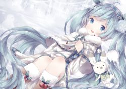 Rule 34 | 1girl, :3, ahoge, aqua eyes, aqua hair, artist name, bad id, bad pixiv id, boots, rabbit, flower, hatsune miku, headset, highres, knee boots, lily of the valley, long hair, mao ge, open mouth, sitting, snowdrop (flower), snowflake print, solo, twintails, very long hair, vocaloid, yuki miku, yukine (vocaloid)