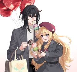 Rule 34 | 1boy, 1girl, bag, balloon, belt, beret, black belt, black eyes, black hair, blonde hair, blue eyes, coat, commentary request, commission, food, grey coat, hair between eyes, hat, highres, holding, holding bag, holding balloon, ice cream, ice cream cone, ice cream cone spill, jubeol126, korean commentary, licking, long hair, low-tied sidelocks, open mouth, original, red headwear, sidelocks, sweatdrop, tote bag, triple scoop, turtleneck