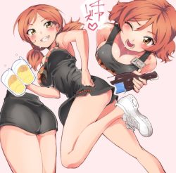 Rule 34 | 10s, 1girl, ;d, alcohol, armor, ass, bare arms, bare legs, bare shoulders, beer, beer bottle, beer mug, black dress, bottle, breasts, character name, cleavage, cup, dress, eyebrows, foam, from behind, grin, heart, holding, holding bottle, hooters, idolmaster, idolmaster cinderella girls, komatsu ibuki, large breasts, looking at viewer, low twintails, lower body, maru (sara duke), mug, multiple views, one eye closed, open mouth, orange hair, pink background, running, shoelaces, shoes, short hair, simple background, sleeveless, sleeveless dress, smile, sneakers, teeth, thighs, tsurime, twintails, upper body, white footwear, yellow eyes
