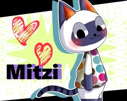 Rule 34 | 1girl, animal crossing, artist request, black eyes, blush, cat, character name, english text, furry, furry female, mitzi (animal crossing), nintendo, smile, solo, text focus