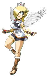 Rule 34 | 1girl, bangle, bike shorts, bike shorts under skirt, blonde hair, blue eyes, bracelet, bracer, breasts, cosplay, crown, feathered wings, feet, gauntlets, hair over one eye, highres, jewelry, kid icarus, long hair, mario (series), medium breasts, netto, nintendo, pit (kid icarus), pit (kid icarus) (cosplay), rosalina, sandals, scarf, shorts, shorts under skirt, simple background, solo, super mario galaxy, super smash bros., toes, wings