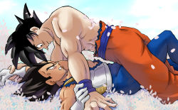 Rule 34 | 2boys, abs, anger vein, angry, armor, bara, black hair, blue bodysuit, blush, bodysuit, broken armor, chest armor, clenched teeth, closed mouth, dragon ball, dragonball z, falling petals, gloves, highres, large pectorals, looking at another, lying, male focus, multiple boys, muscular, muscular male, on back, on person, orange pants, pants, pectorals, petals, saiyan armor, short hair, smile, son goku, spiked hair, teeth, vegeta, white gloves, wristband, xxssgodssxx, yaoi