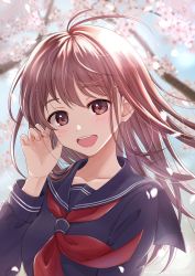 Rule 34 | 1girl, :d, absurdres, blue sailor collar, blue shirt, blurry, blurry background, brown eyes, brown hair, cherry blossoms, collarbone, floating hair, highres, kuroneko w1nter, long hair, long sleeves, looking at viewer, neckerchief, open mouth, original, red neckerchief, sailor collar, school uniform, serafuku, shirt, smile, solo, upper body