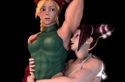 Rule 34 | 3d, abs, animated, animated gif, licking armpit, bikini, bikini top only, blonde hair, blue eyes, braid, brown hair, cammy white, capcom, green leotard, han juri, highleg, highleg leotard, leotard, licking, muscular, arm up, open mouth, redmoa, skin tight, street fighter, swimsuit, tongue, tongue out, twin braids, yuri