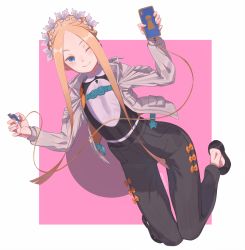 Rule 34 | 1girl, abigail williams (fate), abigail williams (festival outfit) (fate), adapted costume, black footwear, black pants, blonde hair, blue eyes, border, bow, braid, breasts, cable, cellphone, closed mouth, fate/grand order, fate (series), forehead, french braid, full body, grey jacket, heroic spirit festival outfit, highres, jacket, keyhole, long hair, long sleeves, maid headdress, multiple bows, official alternate costume, one eye closed, open clothes, open jacket, orange bow, pants, parted bangs, phone, pink background, sidelocks, small breasts, smile, snorkel14, solo, white border
