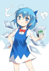 Rule 34 | 1girl, ahoge, blue dress, blue eyes, blue hair, blue skirt, bow, cirno, deego (omochi bazooka), dress, frog, frozen, frozen frog, hair bow, hand on own hip, hip focus, matching hair/eyes, short hair, skirt, smirk, solo, sparkle, touhou, wings