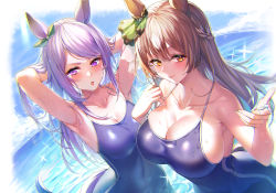 Rule 34 | 2girls, absurdres, animal ears, armpits, arms up, bare shoulders, blue one-piece swimsuit, blush, bow, breasts, brown hair, cleavage, cloud, collared shirt, day, diffraction spikes, ear bow, halterneck, hands in hair, highres, horizon, horse ears, horse girl, horse tail, huge breasts, long hair, looking at viewer, medium breasts, mejiro mcqueen (umamusume), multiple girls, one-piece swimsuit, open mouth, outdoors, purple eyes, purple hair, satono diamond (umamusume), school swimsuit, shirt, smile, sunlight, swimsuit, tail, togami (tobysou526), umamusume, upper body, v-shaped eyebrows, wet, wet hair, yellow eyes
