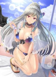Rule 34 | 1girl, azur lane, beach, bikini, black choker, blue bikini, blue sky, braid, breasts, butterfly hair ornament, choker, cleavage, cloud, commentary request, crown braid, day, dunkerque (azur lane), dunkerque (summer sucre) (azur lane), flip-flops, full body, grey hair, hair ornament, hairband, large breasts, long hair, looking at viewer, lotion, official alternate costume, outdoors, red eyes, sandals, sidelocks, sky, smile, solo, sunscreen, swimsuit, very long hair, y2