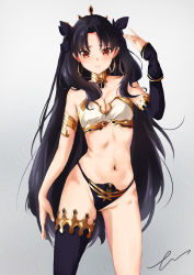 Rule 34 | absurdres, bikini, black hair, black ribbon, blush, breasts, cleavage, closed mouth, collarbone, cowboy shot, earrings, elbow gloves, error1945, fate/grand order, fate (series), frown, furrowed brow, gloves, groin, hair ribbon, hand up, highres, hoop earrings, ishtar (fate), jewelry, long hair, medium breasts, mismatched bikini, navel, neck ring, red eyes, ribbon, signature, simple background, single elbow glove, single thighhigh, solo, stomach, swimsuit, thighhighs, tiara, two side up, very long hair