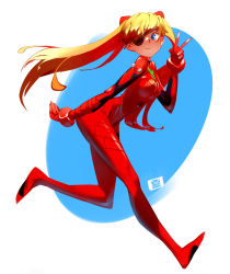 Rule 34 | 1girl, bearthemighty, blue eyes, bodysuit, breasts, eyepatch, from side, full body, highres, interface headset, legs apart, long hair, narrow waist, neon genesis evangelion, orange hair, pilot suit, plugsuit, red bodysuit, running, small breasts, solo, souryuu asuka langley, twintails, v, very long hair, white background