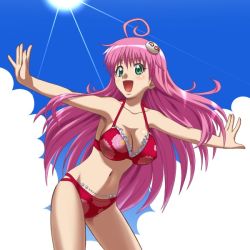 Rule 34 | 00s, 1girl, ahoge, awa, bikini, blush, breasts, cleavage, day, halterneck, lala satalin deviluke, long hair, medium breasts, outdoors, outstretched arms, peke, pink hair, red bikini, solo, spread arms, swimsuit, to love-ru