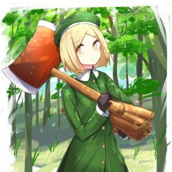 Rule 34 | 1girl, axe, beret, black gloves, blonde hair, blush, carrying, carrying under arm, closed mouth, collared jacket, commentary, day, english commentary, fate/grand order, fate (series), firewood, forehead, forest, gloves, green hat, green jacket, hat, holding, holding axe, jacket, long sleeves, looking at viewer, nature, outdoors, parted bangs, paul bunyan (fate), rocm (nkkf3785), short hair, solo, standing, tree, yellow eyes