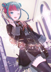 Rule 34 | 1girl, :d, absurdres, armband, beamed eighth notes, black jacket, black skirt, black thighhighs, blazer, blue eyes, blue hair, blue nails, blush, braid, collared shirt, cowboy shot, door, double bun, drumsticks, dutch angle, eighth note, eighth rest, grey shirt, hair bun, hallway, hatsune miku, high-waist skirt, highres, holding, holding drumsticks, indoors, jacket, jewelry, koukyou suru machi no katasumi de (project sekai), long bangs, looking at viewer, multicolored hair, multiple rings, musical note, nail polish, neck ribbon, one eye closed, open mouth, petticoat, pleated skirt, project sekai, quarter note, raised eyebrows, red armband, red hair, ribbon, ring, shirt, shirt tucked in, sidelocks, skirt, sleeves rolled up, smile, solo, staff (music), star (symbol), teeth, thighhighs, twin braids, two-tone hair, upper teeth only, vocaloid, vs0mr, window