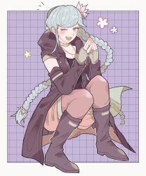 Rule 34 | 1girl, absurdres, arm warmers, black coat, blue eyes, blue hair, boots, border, braid, chin piercing, coat, fingerless gloves, flower, fubuki clockford, full body, gloves, grey gloves, hair flower, hair ornament, hands up, highres, hood, hooded coat, jewelry, knee boots, knees up, long hair, looking at viewer, master detective archives: rain code, necklace, one eye closed, open mouth, own hands together, pink flower, purple background, single braid, sitting, sleeveless, sleeveless coat, smile, solo, steepled fingers, thighhighs, uru..., very long hair, white border