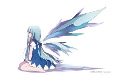 Rule 34 | 10s, 1girl, 2016, alternate hair length, alternate hairstyle, artist name, bare arms, bare legs, barefoot, between legs, blue bow, blue dress, blue eyes, blue hair, bow, cirno, crystal, dated, detached wings, dress, full body, hair bow, hand between legs, ice, ice wings, long hair, looking afar, low-tied long hair, matching hair/eyes, namauni, puffy short sleeves, puffy sleeves, shirt, short hair, short sleeves, simple background, sitting, sleeveless, sleeveless dress, solo, touhou, very long hair, wariza, white background, white shirt, wings