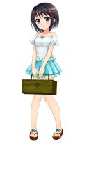 Rule 34 | 1girl, bare shoulders, black eyes, black hair, blue skirt, box, breasts, brown footwear, full body, hair ornament, hairclip, holding, holding box, knees together feet apart, looking at viewer, mizaki suzue, official art, patriarch xtasy, sandals, shirt, skirt, small breasts, smile, solo, standing, transparent background, white shirt