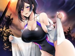 Rule 34 | 1girl, black hair, black one-piece swimsuit, breasts, cleavage, cloud, collarbone, collared shirt, commentary request, competition swimsuit, covered navel, ear piercing, hair between eyes, highres, lamppost, large breasts, leaning forward, looking at viewer, night, one-piece swimsuit, open mouth, original, outdoors, piercing, purple eyes, shirt, sky, smile, solo, swimsuit, tree, white shirt, yunamaro