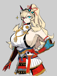 Rule 34 | 1girl, armor, bare shoulders, barghest (fate), blonde hair, blue eyes, bow, breasts, elbow gloves, fate/grand order, fate (series), gloves, grey background, heterochromia, horns, japanese armor, japanese clothes, kimono, large breasts, long hair, obi, ponytail, red bow, red eyes, sash, shirt, sideboob, simple background, sleeveless, tomoe (symbol), tomoe gozen (fate), tomoe gozen (fate) (cosplay), white shirt