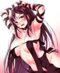 Rule 34 | 1girl, armpits, arms up, bare shoulders, blush, breasts, buckle, cleavage, collar, curvy, dutch angle, ear piercing, embarrassed, fangs, fate/grand order, fate (series), gradient background, groin, highres, large breasts, long hair, looking at viewer, navel, nose blush, onsoku inu, own hands together, piercing, purple eyes, purple hair, revealing clothes, ribbon trim, solo, stomach, tearing up, tears, v-shaped eyebrows, very long hair, white background, yu mei-ren (fate)