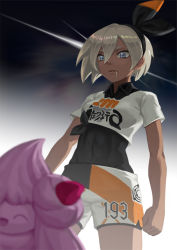 Rule 34 | 1girl, alcremie, bad food, bea (pokemon), black bodysuit, black hairband, bodysuit, bodysuit under clothes, breasts, clenched hand, collared shirt, commentary, covered navel, creature as food, creatures (company), dark-skinned female, dark skin, drooling, game freak, gen 8 pokemon, grey eyes, grey hair, gym leader, hair between eyes, hairband, nintendo, pokemon, pokemon (creature), pokemon swsh, print shirt, print shorts, saliva, scotishfold, shirt, short hair, short sleeves, shorts, tied shirt