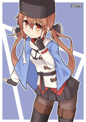 Rule 34 | 1girl, anchor, black bow, blue background, blue shawl, boots, bow, brown hair, brown thighhighs, closed mouth, fur hat, hair between eyes, hair ornament, hairclip, hat, highres, jacket, kantai collection, long hair, looking at viewer, low twintails, pantyhose, papakha, pepatiku, red eyes, red shirt, scarf, shawl, shirt, shoes, smile, solo, tashkent (kancolle), thigh boots, thighhighs, twintails, white jacket, white scarf