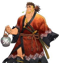 Rule 34 | 1boy, another eidos-r, arm out of sleeve, bara, beard, blonde hair, brown hair, chest hair, dark-skinned male, dark skin, facial hair, facial scar, feet out of frame, japanese clothes, jinnosuke (another eidos), kimono, long hair, looking at viewer, male focus, mature male, mint, multicolored hair, muscular, muscular male, naop (anything), official art, orange kimono, pectoral cleavage, pectorals, print kimono, scar, scar on cheek, scar on face, sheath, sheathed, smirk, solo, stroking beard, thick eyebrows, thighs, torn clothes, torn kimono, translation request, transparent background, two-tone hair