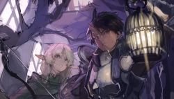 Rule 34 | 1boy, 1girl, arm up, armor, black hair, bow (weapon), breastplate, cage, cloak, closed mouth, eyes visible through hair, fantasy, glowing, green cloak, green eyes, highres, holding, holding bow (weapon), holding cage, holding lantern, holding weapon, horns, indoors, lantern, oni horns, original, p (artist), pauldrons, pointy ears, red eyes, scar, scar on face, scar on mouth, scratches, shoulder armor, single horn, sketch, sweat, trapped, tree, uedrk yamato, vambraces, weapon, white hair, window