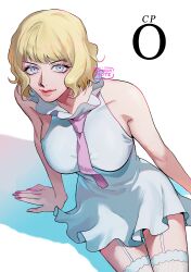 Rule 34 | 1girl, absurdres, bare shoulders, blonde hair, blue eyes, breasts, collar, dress, fishnet thighhighs, fishnets, frilled collar, frills, garter straps, highres, large breasts, looking at viewer, momoh jiyucho, necktie, one piece, pink necktie, short dress, short hair, simple background, sitting, sleeveless, sleeveless dress, solo, stussy (one piece), thighhighs, watermark, wavy hair, white background, white dress, white garter straps, white thighhighs