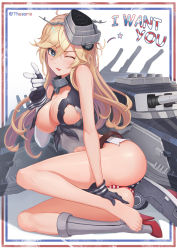 Rule 34 | 10s, 1girl, ;p, bad anatomy, barefoot, blonde hair, blue eyes, boots, breasts, damaged, feet, front-tie top, gloves, grey footwear, headgear, high heel boots, high heels, i want you, iowa (kancolle), kantai collection, knee boots, large breasts, leo thasario, long hair, looking at viewer, machinery, one eye closed, pointing, pointing at viewer, shoes, single shoe, sitting, smile, solo, star-shaped pupils, star (symbol), symbol-shaped pupils, toes, tongue, tongue out, torn clothes, united states, yokozuwari