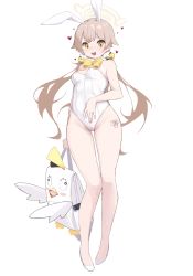 Rule 34 | absurdres, animal ears, armpit crease, backpack, bag, bare arms, bare legs, bare shoulders, blonde hair, blue archive, blush, breasts, commentary, english commentary, fake animal ears, full body, halo, heart, hifumi (blue archive), highres, holding, holding bag, leg tattoo, leotard, long hair, low twintails, medium breasts, mona kkkk, open mouth, peroro (blue archive), pigeon-toed, playboy bunny, rabbit ears, simple background, smile, tattoo, thigh gap, twintails, very long hair, white background, white footwear, white leotard, yellow eyes