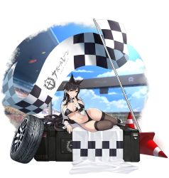 Rule 34 | 1girl, animal ears, atago (azur lane), atago (stunning speedster) (azur lane), azur lane, bikini, black bikini, black hair, breasts, brown thighhighs, checkered flag, cleavage, cloud, copyright name, finger to mouth, flag, hair ribbon, highleg, highleg bikini, highres, kishiyo, large breasts, long hair, long sleeves, looking at viewer, lying, mole, mole under eye, navel, official alternate costume, official art, on side, race queen, red eyes, ribbon, shoes, shrug (clothing), skindentation, smile, solo, stomach, swimsuit, thighhighs, thighs, tire, transparent background, white footwear, wing collar, wrist cuffs