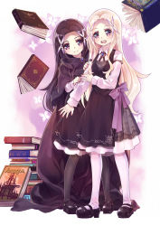 Rule 34 | 2girls, 54hao, :d, black dress, black footwear, black hair, black legwear, blonde hair, book, book stack, brooch, closed mouth, collared shirt, commentary request, dress, floral background, forehead, hair ornament, highres, jewelry, long hair, long sleeves, looking at viewer, mary janes, multiple girls, open book, open mouth, original, pantyhose, parted bangs, purple eyes, shirt, shoes, siblings, sisters, sleeveless, sleeveless dress, smile, standing, teeth, twins, upper teeth only, very long hair, white background, white legwear, white shirt, x hair ornament