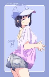 Rule 34 | 1girl, 2021, baseball cap, black hair, blue background, blue border, blue eyes, border, breasts, casual, closed mouth, commentary request, cowboy shot, dated, denim, denim shorts, facial mark, fingers together, from side, hat, highres, looking at viewer, nii manabu, one eye closed, original, pink shirt, shirt, short hair, shorts, signature, smile, solo, star (symbol), two-tone shirt, white shirt