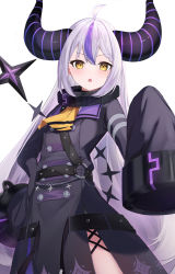 Rule 34 | 1girl, ahoge, ascot, belt, black coat, blush, braid, braided bangs, coat, cowboy shot, hand on own hip, highres, hololive, horns, la+ darknesss, long hair, looking at viewer, multicolored hair, nokke o, open mouth, purple hair, sidelocks, silver hair, solo, streaked hair, tail, very long hair, virtual youtuber, white background, yellow ascot, yellow eyes